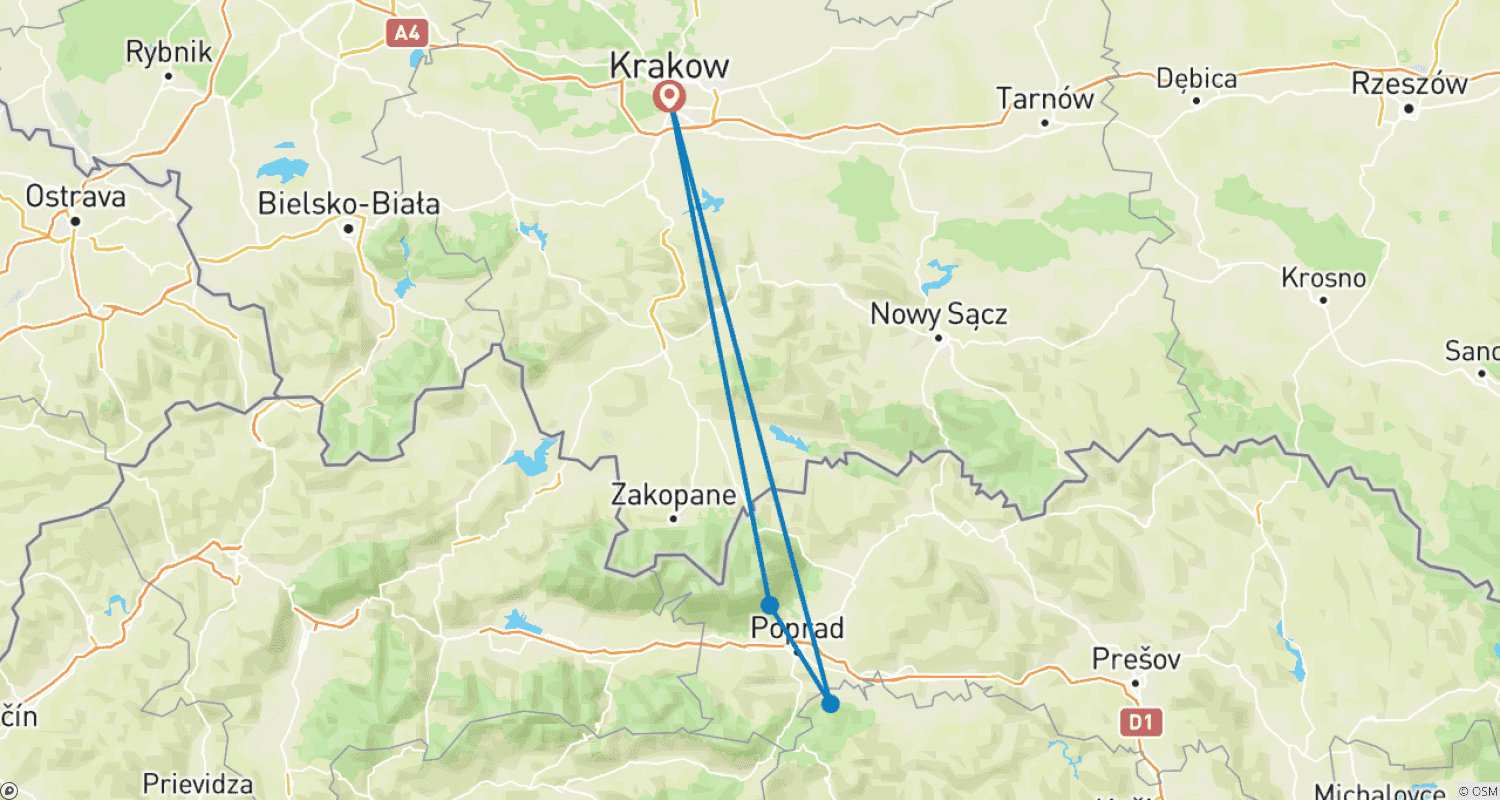 Mapa do percurso de Explore as Altas Tatras e o Paraíso Eslovaco num Fim de Semana