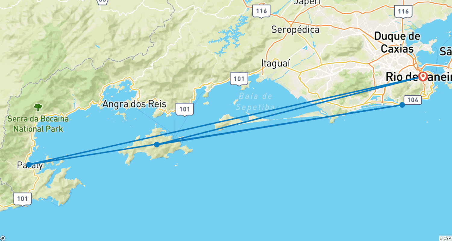 Mapa do percurso de Viagem de Surf Única na Vida para a Costa Verde do Rio de Janeiro