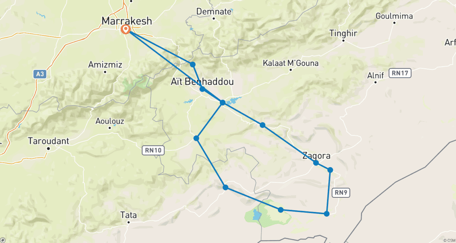 Mapa do percurso de Grande Sul de Marrocos (dunas de Chegaga)