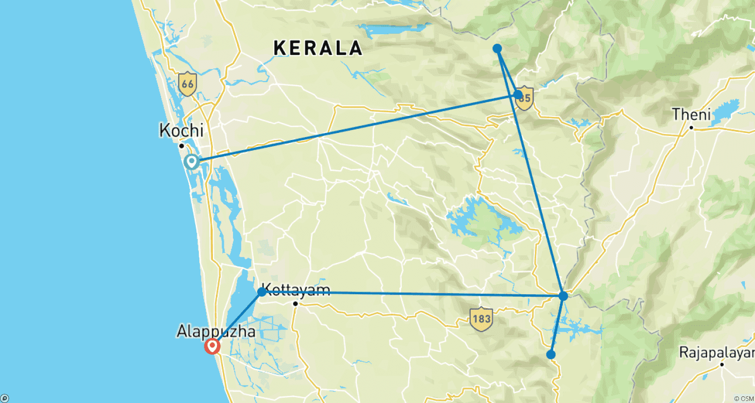 Mapa do percurso de Pacote Turístico em Kerala