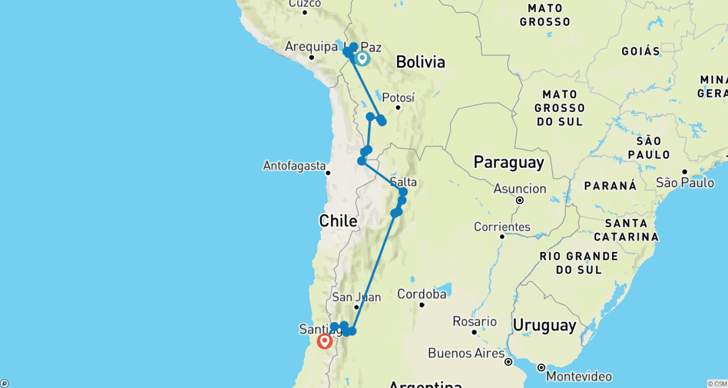Mapa do percurso de De La Paz a Santiago via Uyuni (21 Dias)