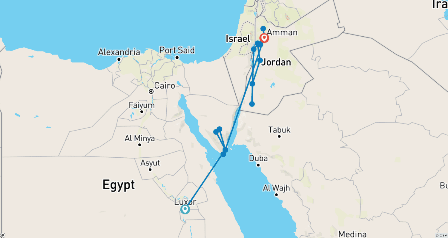 Mapa do percurso de Desvende as Maravilhas do Egito e da Jordânia: Luxor, Sharm El Sheikh e Petra