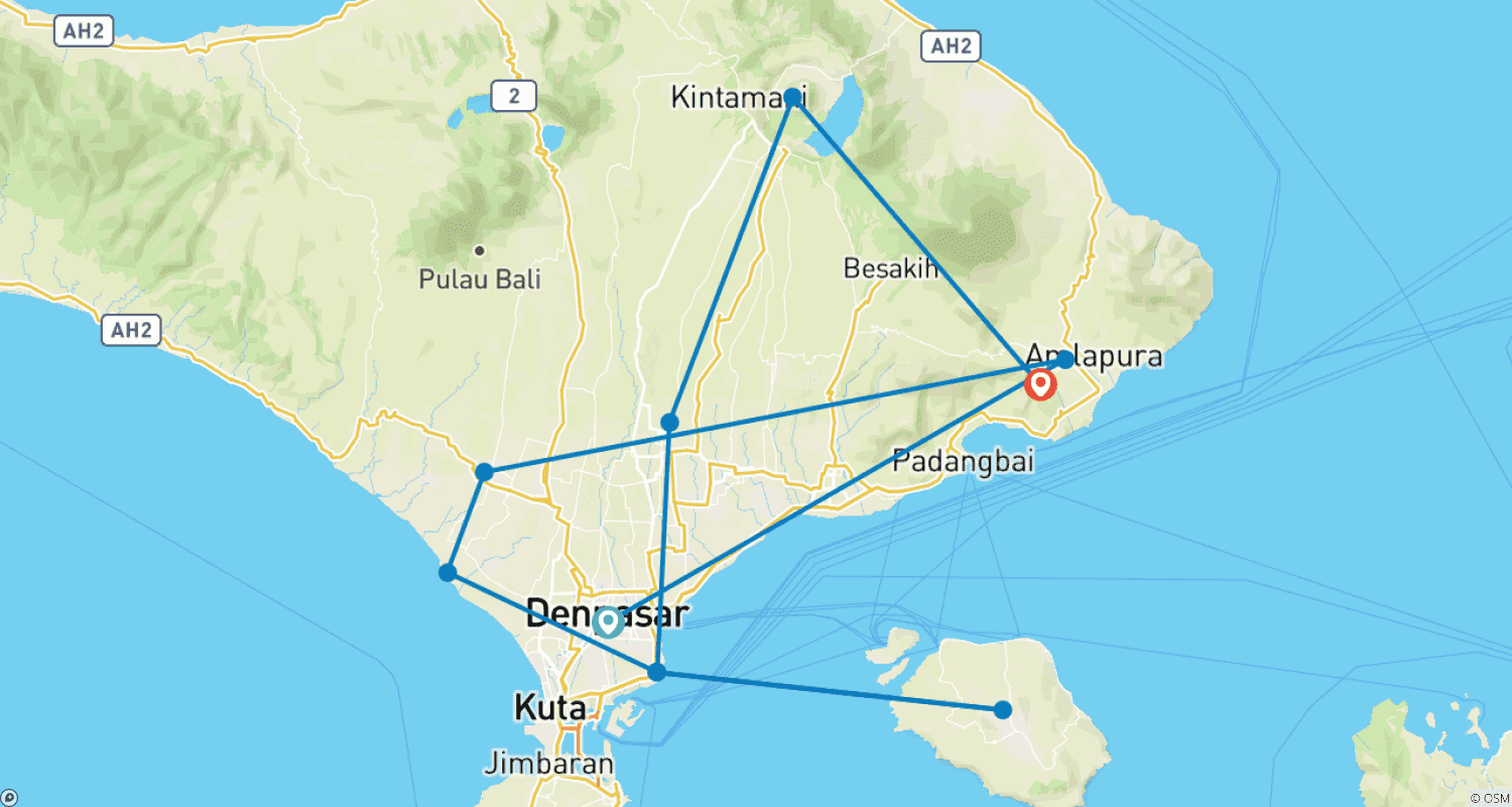 Mapa trasy: Odkryj Raj: 7-dniowa wycieczka po Bali. Odkryj Nusa Penida, Górę Batur, Świątynie i Wodospady
