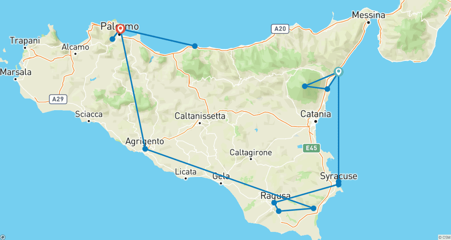 Mapa do percurso de Desvendando os Tesouros da Sicília: Taormina, Ragusa, Palermo e além