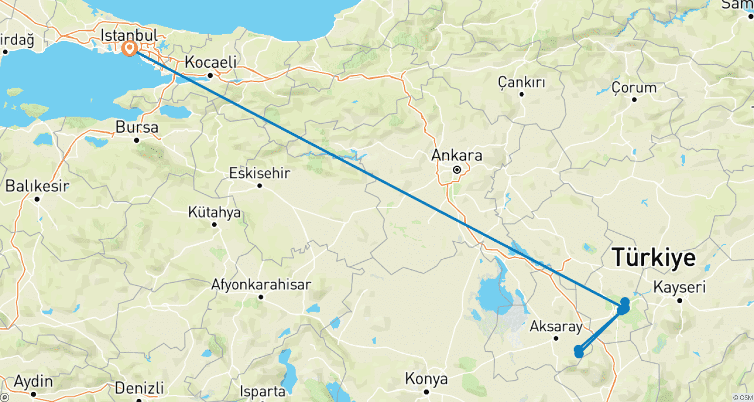 Mapa do percurso de Um Conto de Duas Maravilhas: Istambul e Capadócia, Excursão de 7 Dias
