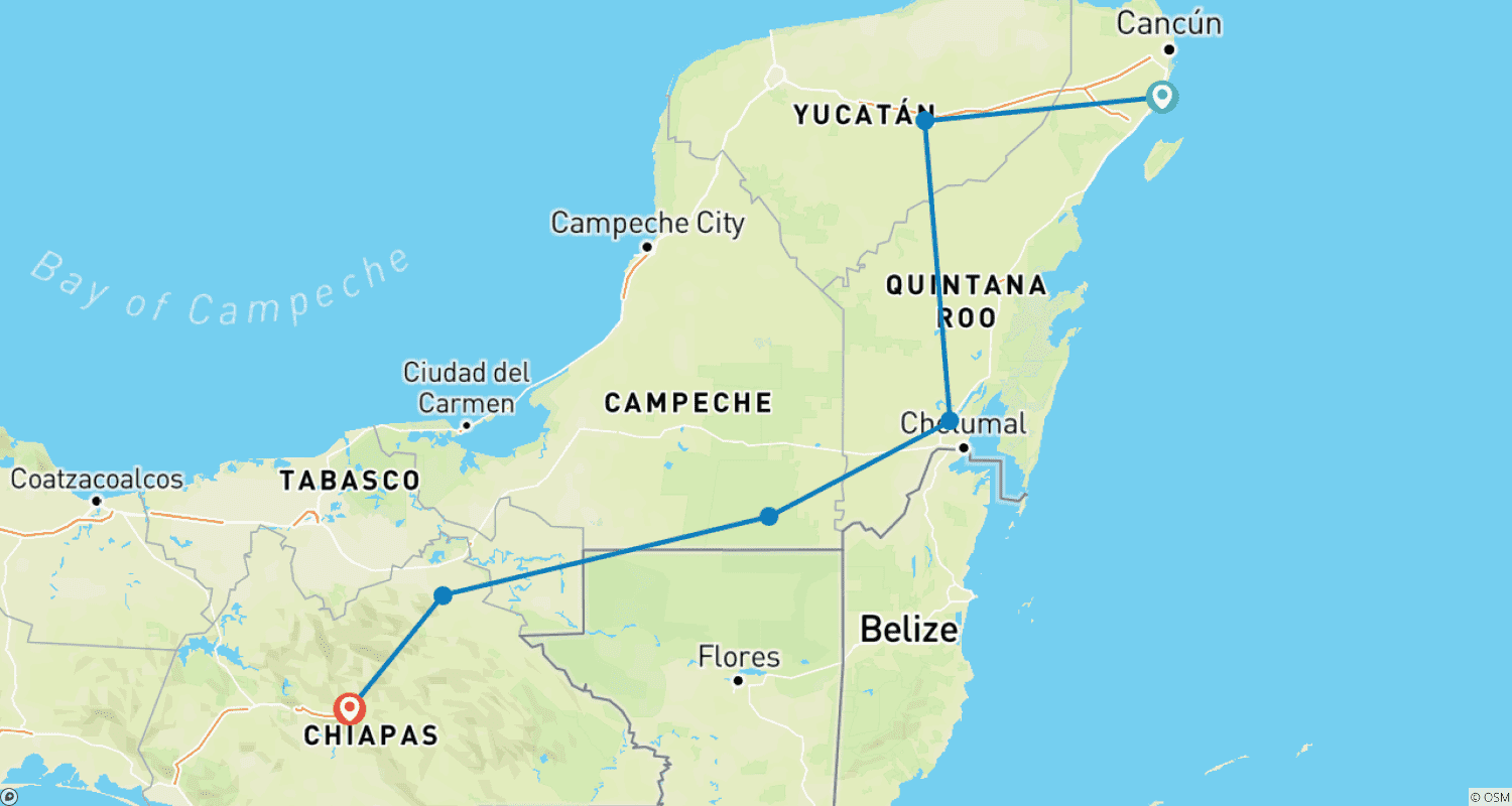 Mapa do percurso de A Trilha Maia para o Oeste