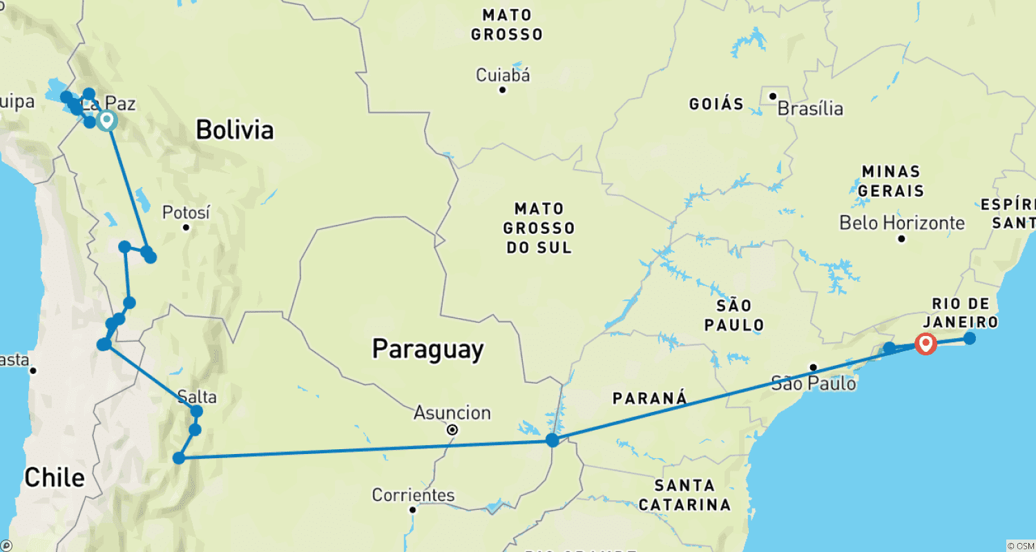 Mapa trasy: La Paz do Rio przez Uyuni i Iguazu (22 Dni)