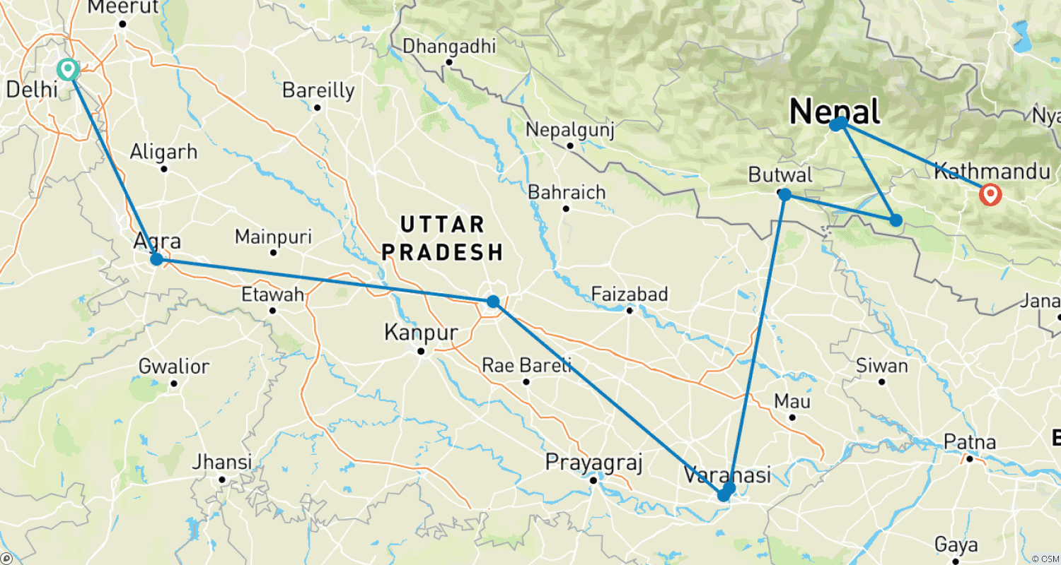Mapa trasy: Wycieczka do Indii i Nepalu