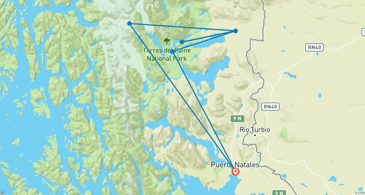 Mapa do percurso de W-Trek Expresso e Puerto Natales (6 Dias)