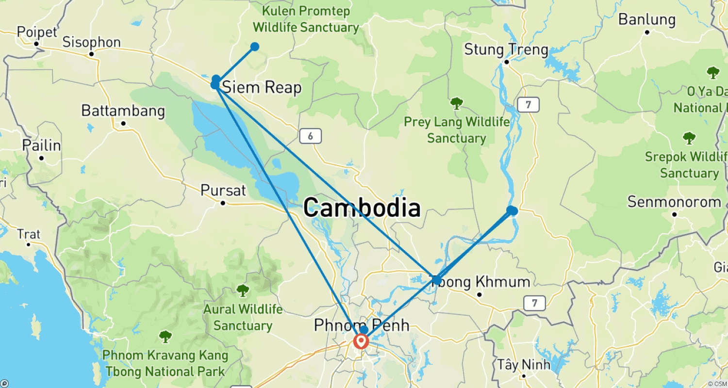 Mapa do percurso de Onde a Vida Selvagem Prospera - Um Tour Ético de Animais no Camboja