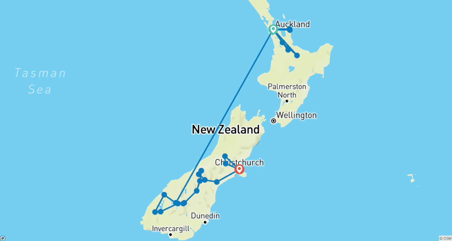 【New Zealand】13 Days New Zealand Grand North and South Island Tour Packageのルートマップ