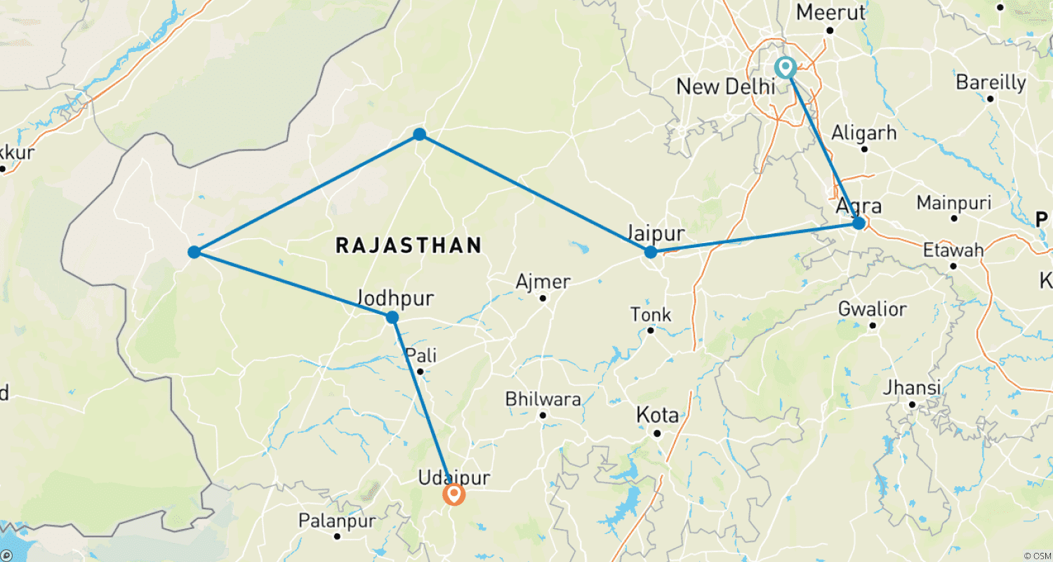 Mapa do percurso de Índia Colorida com Taj Mahal e Rajastão