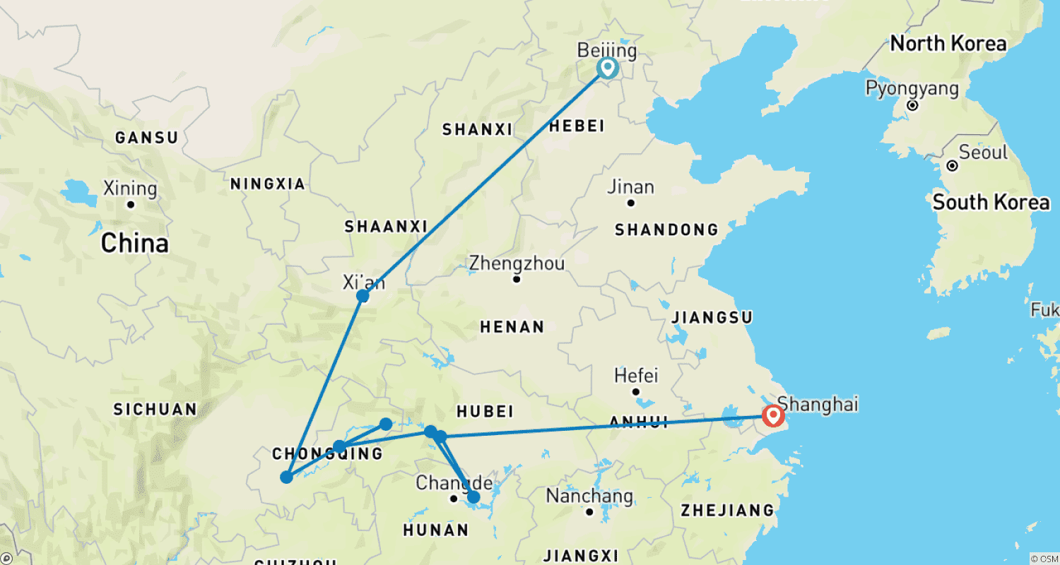 11日間の長江クルーズ付き 中国の旅（プライベートツアー）のルートマップ