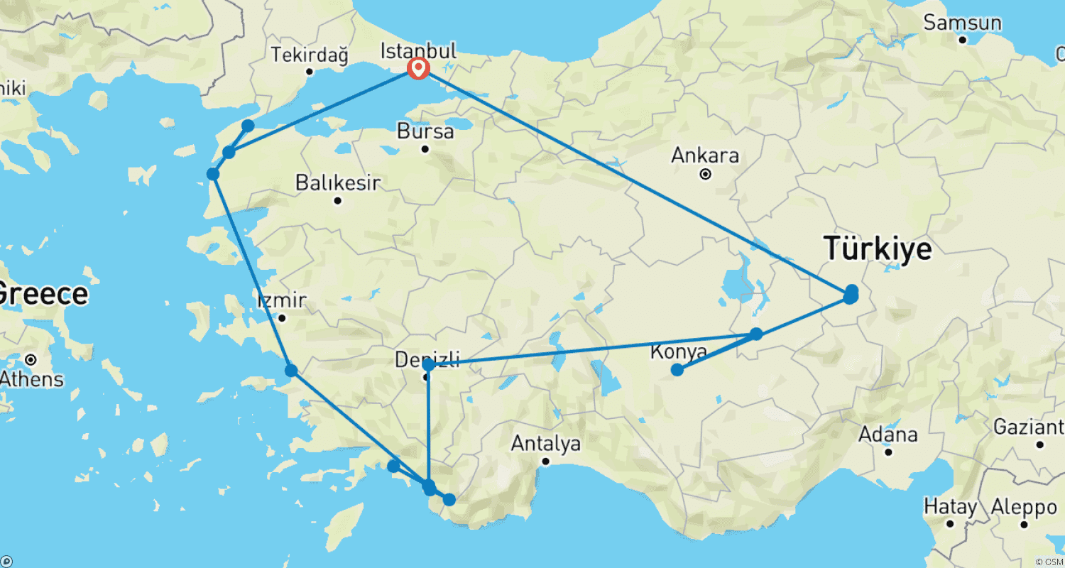 トルコの輝き：イスタンブール、ターコイズ海岸、カッパドキアを巡る12日間のルートマップ