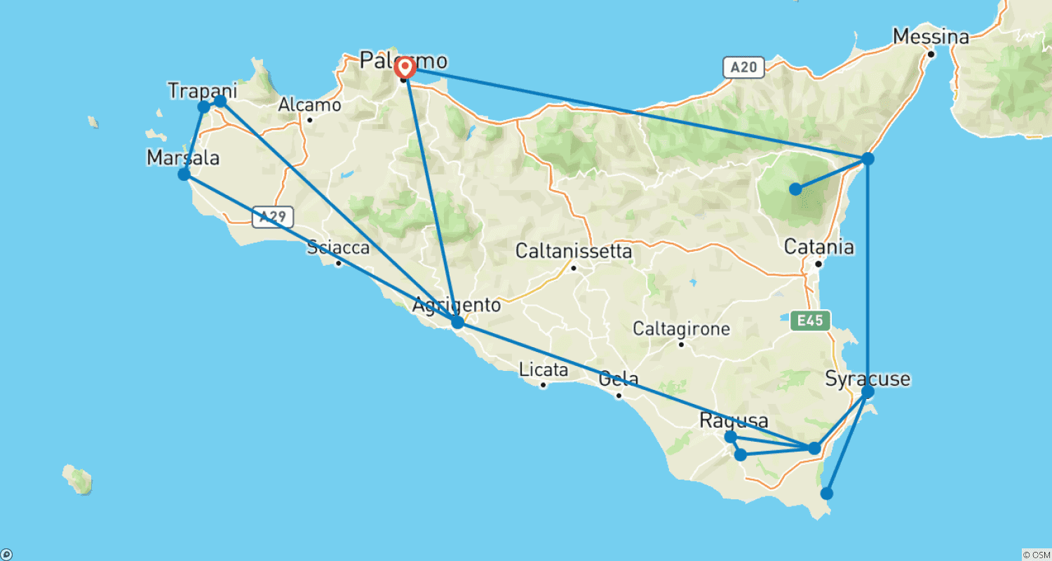 Mapa do percurso de Sicília Explorador: 11 Dias de Palermo a Palermo, Viagem de Carro