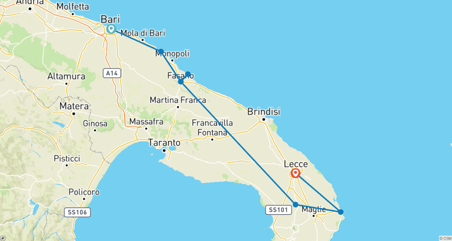خريطة مسار Puglia & Salento Discovery: 8 days from Bari to Lecce, Self-Drive
