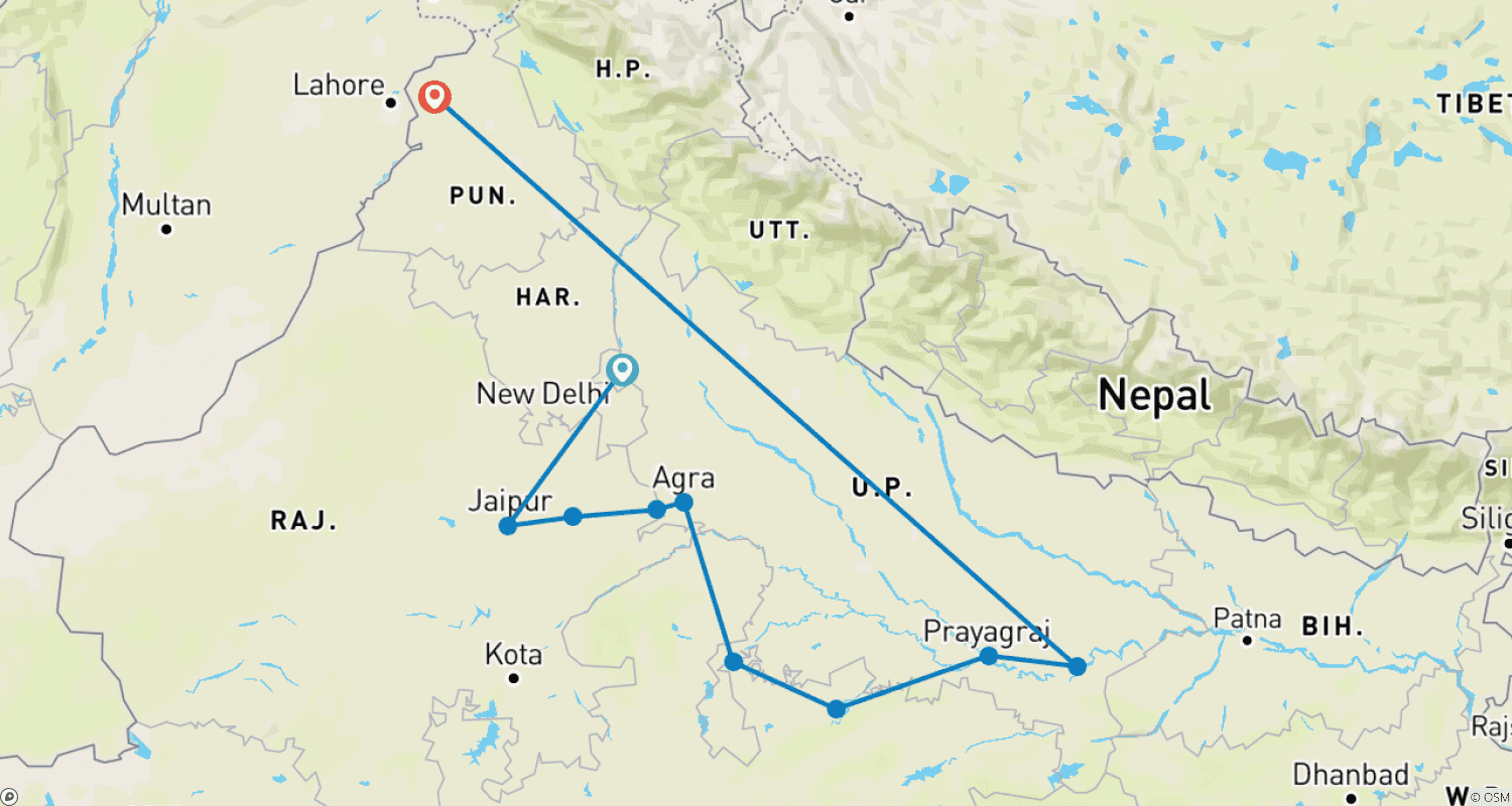 Body, Mind & Soul - Golden Triangle with Varanasi & Amritsarのルートマップ