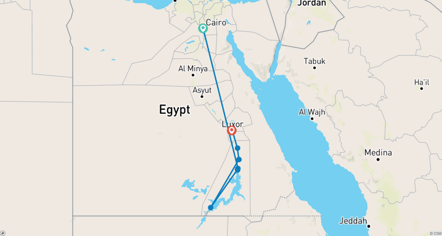 Mapa trasy: Rejs rzeczny Nile Cruise 5-gwiazdkowy (pełne wyżywienie) z Kairu do Asuanu i Luksoru (wliczony lot krajowy)