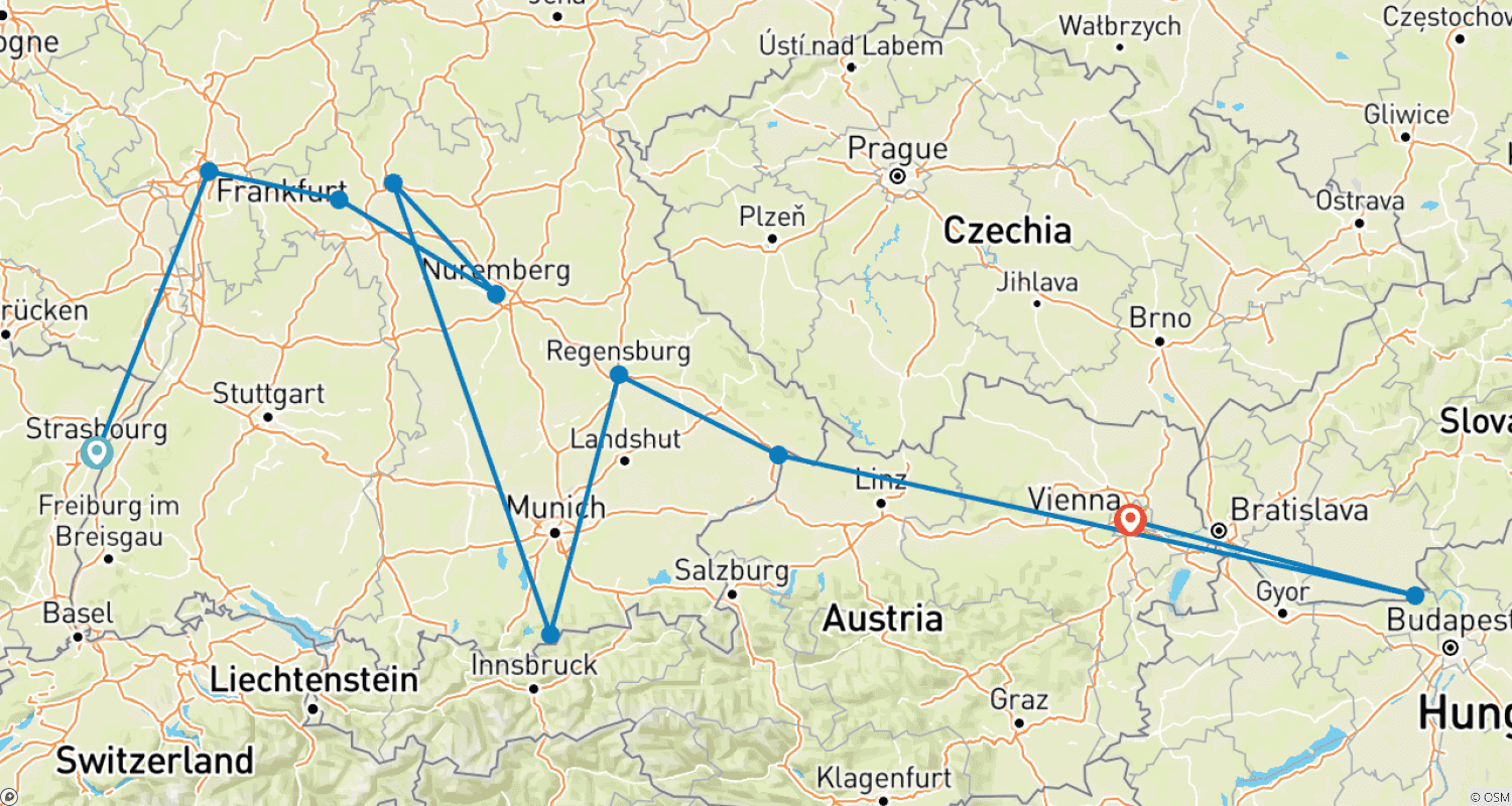 Mapa trasy: Niezapomniany rejs przez serce Europy od Renu do Dunaju (rejs z portu do portu)