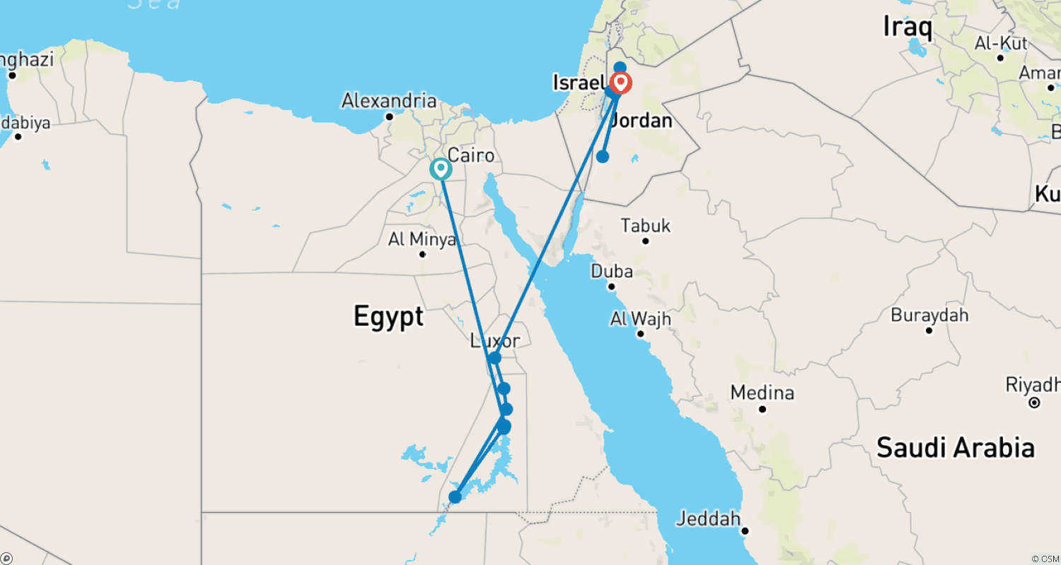 خريطة مسار اكتشاف مصر (GEM) والأردن لمدة 10 أيام، مع رحلة مصر–الأردن