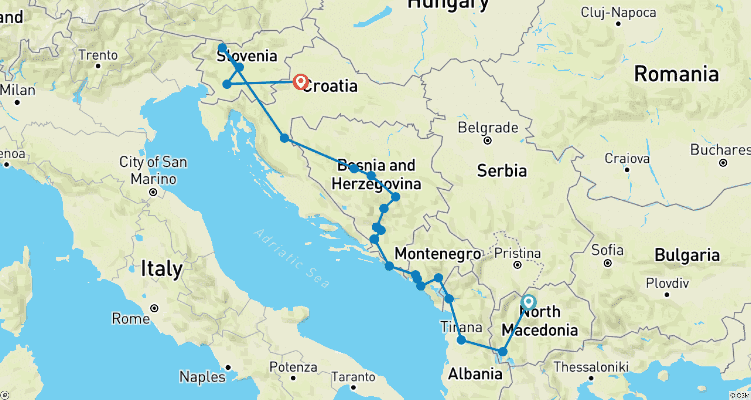 Mapa trasy: 12-dniowa Wycieczka Odkrywcza po Bałkanach