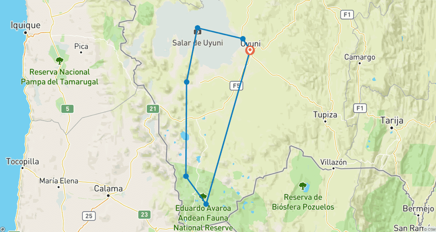 Mapa trasy: Ultimate Uyuni Adventure z pokojami z prywatną łazienką: 3-dniowa wycieczka grupowa po Salar de Uyuni i zachwycających lagunach