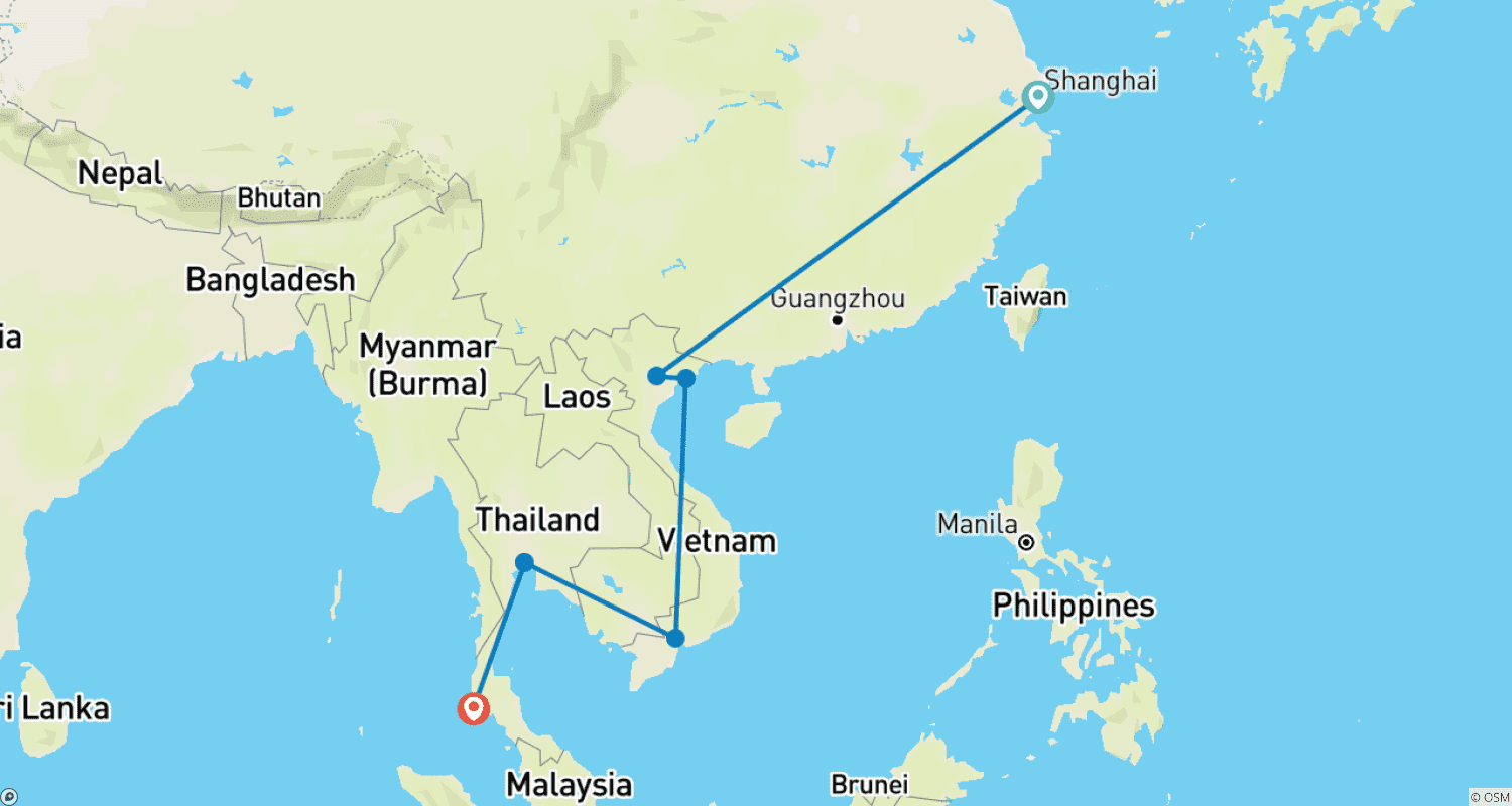 Mapa trasy: Ponadczasowe Cuda Shanghai, Wietnam i Tajlandia 16 dni