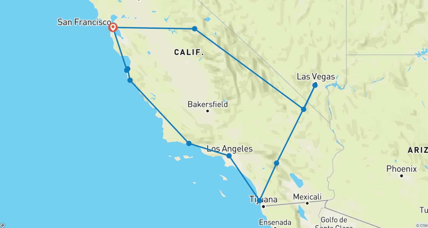 Mapa trasy: Wycieczka w małej grupie po USA - Najlepsze z Zachodu