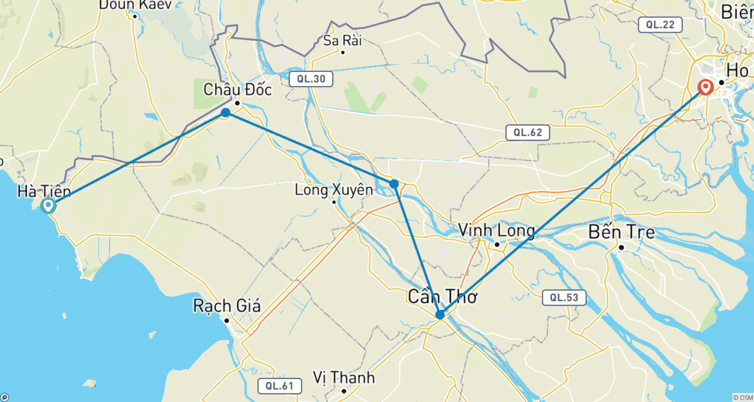 Mapa do percurso de Phu Quoc a Ho Chi Minh de Bicicleta em 5 dias