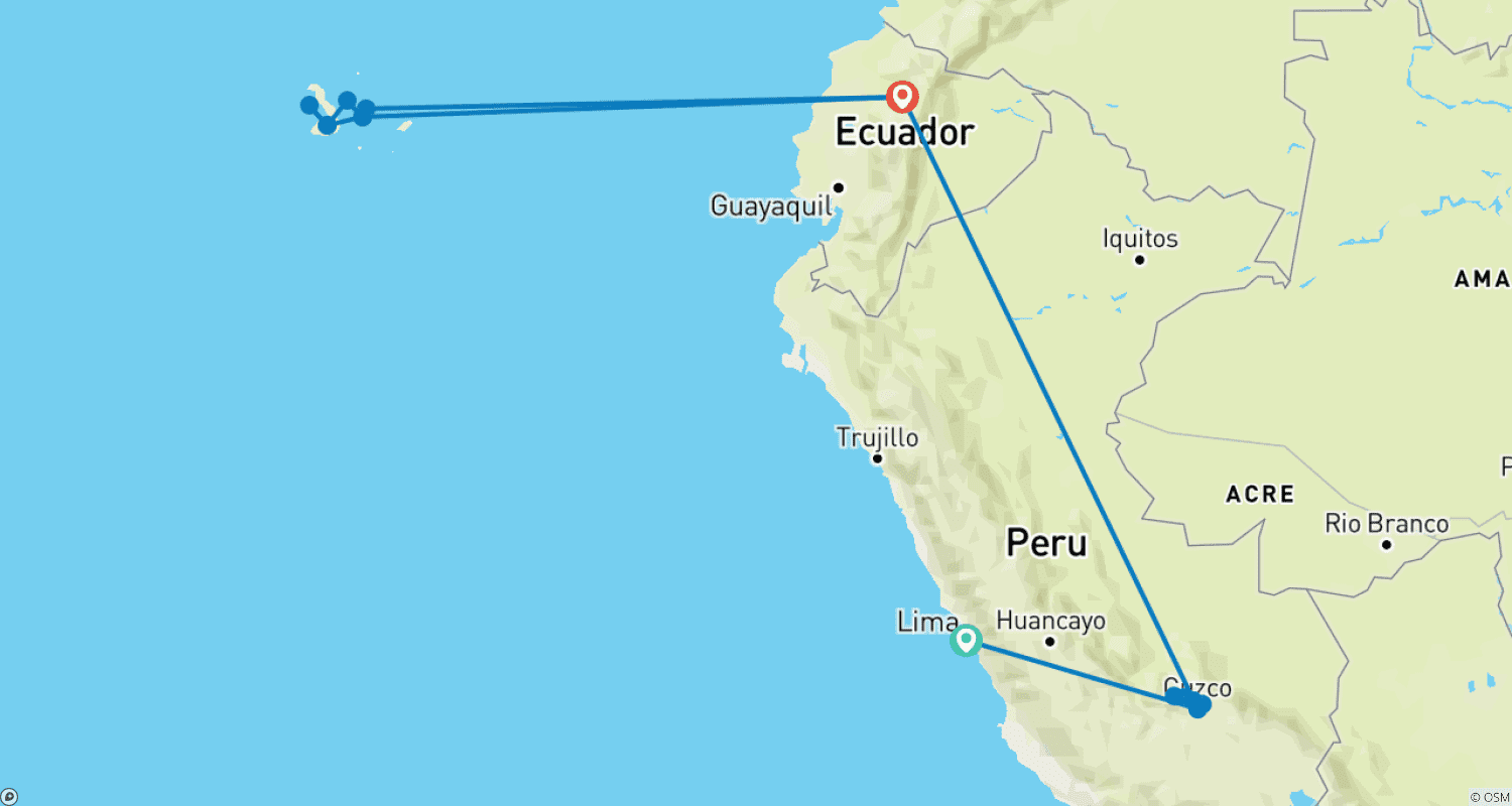 Mapa do percurso de Maravilhas de Machu Picchu e Galápagos com um Cruzeiro de 4 Noites pelas Ilhas Ocidentais (Lima a Santa Cruz, Galápagos) (2026)