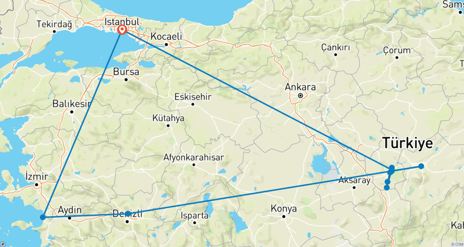 Mapa do percurso de Triângulo da Turquia (Istambul, Éfeso, Pamukkale, Capadócia) - 7 DIAS
