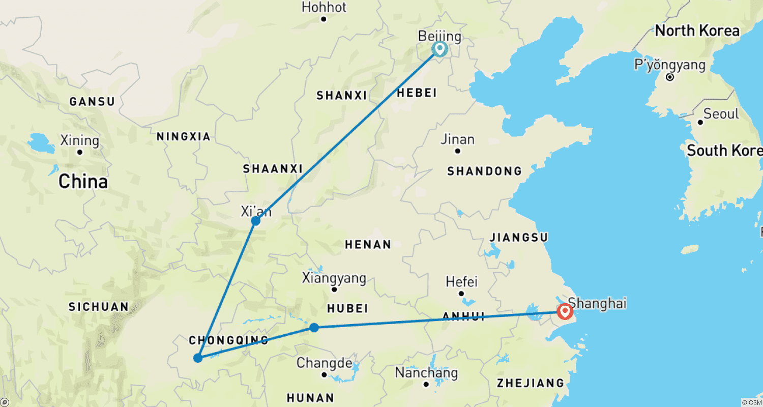長江クルーズで巡る中国の歴史的遺産と現代性（プライベートカスタム）のルートマップ