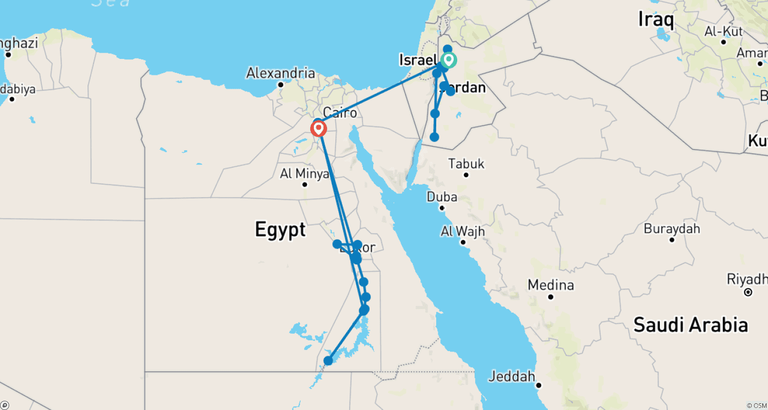 خريطة مسار رحلة عائلية استكشافية: مغامرة الأردن ومصر