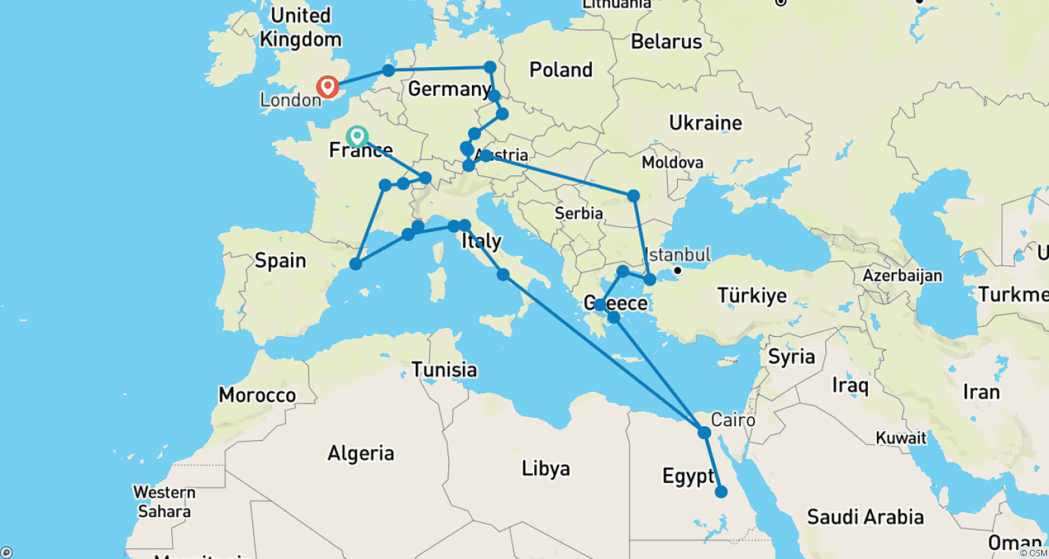 Mapa do percurso de A Europa Definitiva (Mais Egito, Início em Paris)