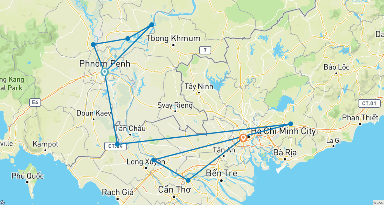 Mapa do percurso de Descoberta do Mekong (Sentido Sul) 2025