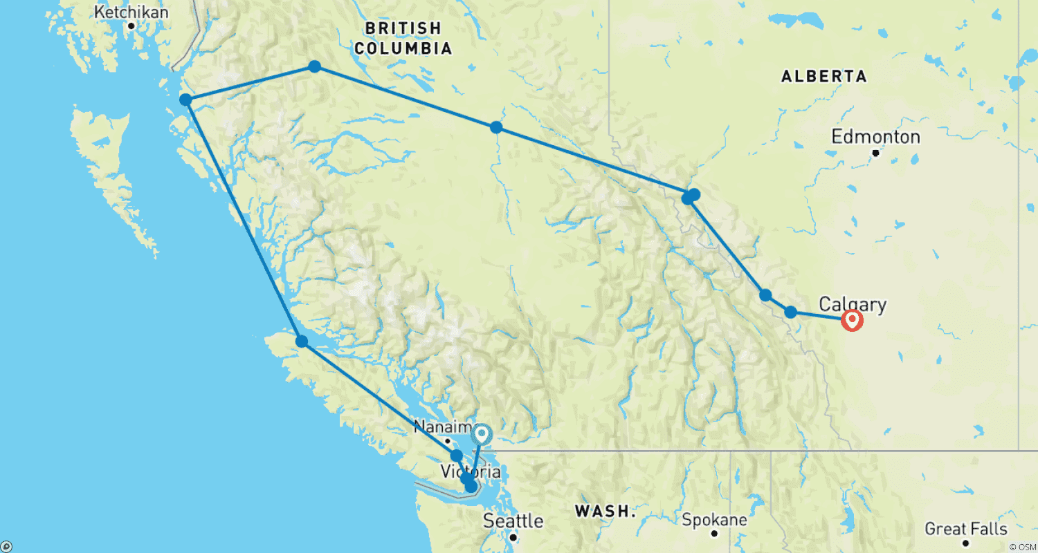 Mapa do percurso de Oeste do Canadá com Passagem Interior (de Vancouver a Calgary)