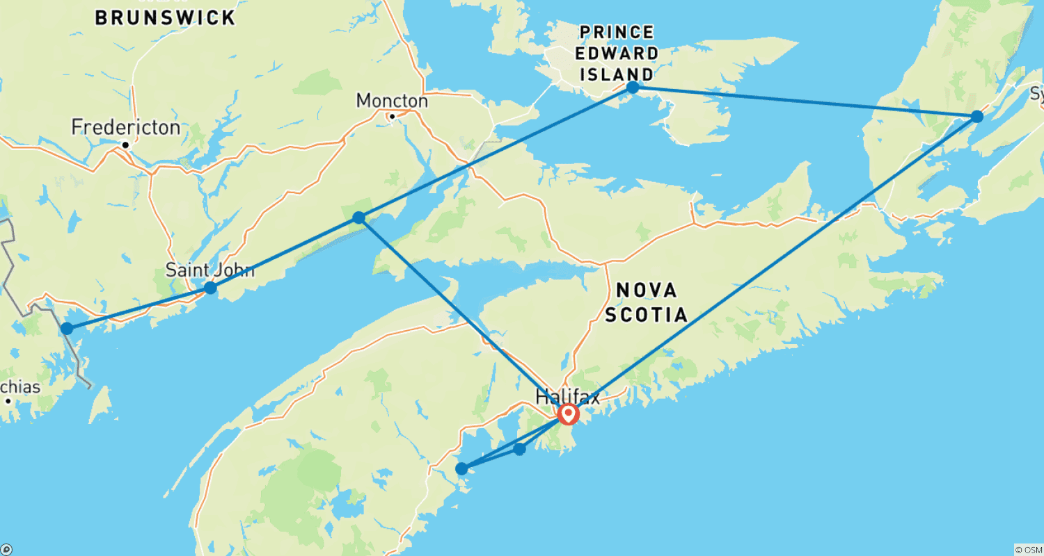 Mapa trasy: Przygoda po kanadyjskich prowincjach morskich
