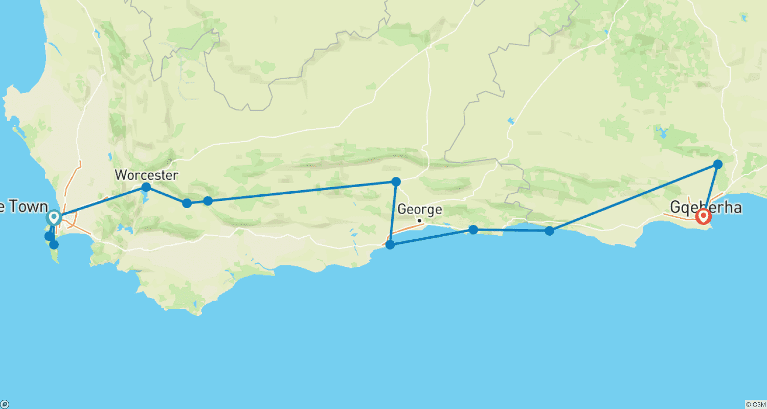 Mapa trasy: Wycieczka grupowa z przewodnikiem niemieckojęzycznym po Afryce Południowej: Kapsztad - Garden Route | Mała grupa 2024