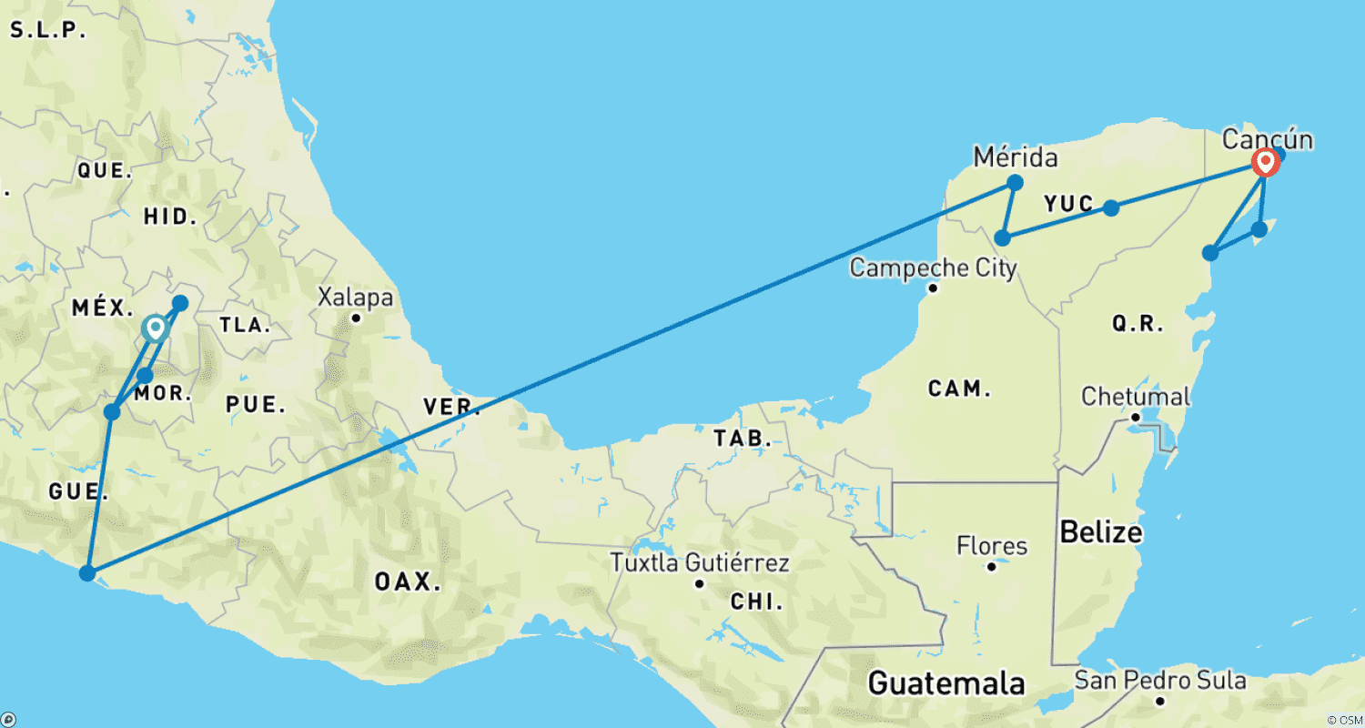 メキシコ：太陽の道とマヤ王国の冒険 - 11日間のルートマップ