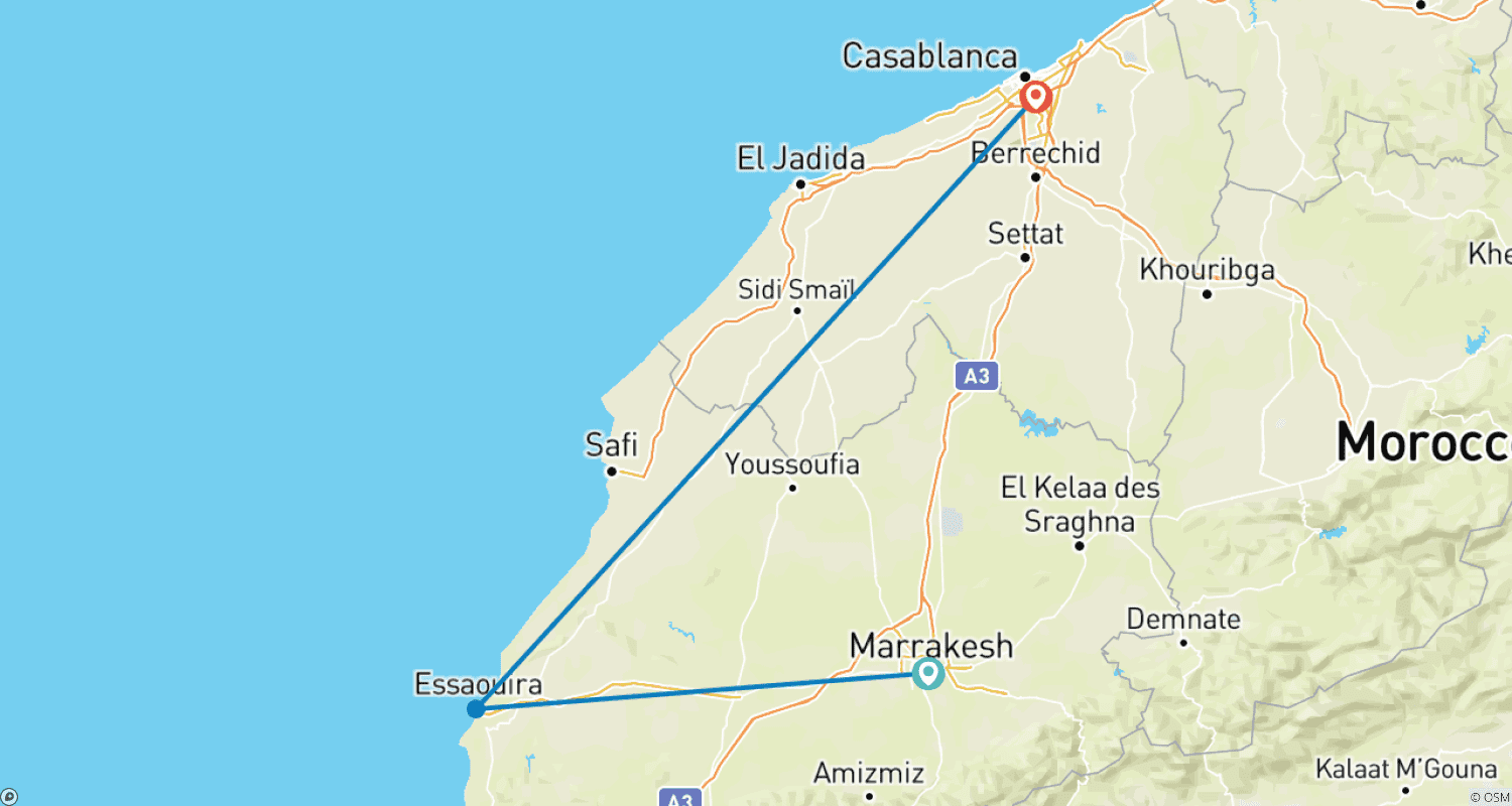 خريطة مسار من مراكش إلى الدار البيضاء عبر صحراء أكفاي والصويرة – ملاذ المغرب الساحلي | 6 أيام