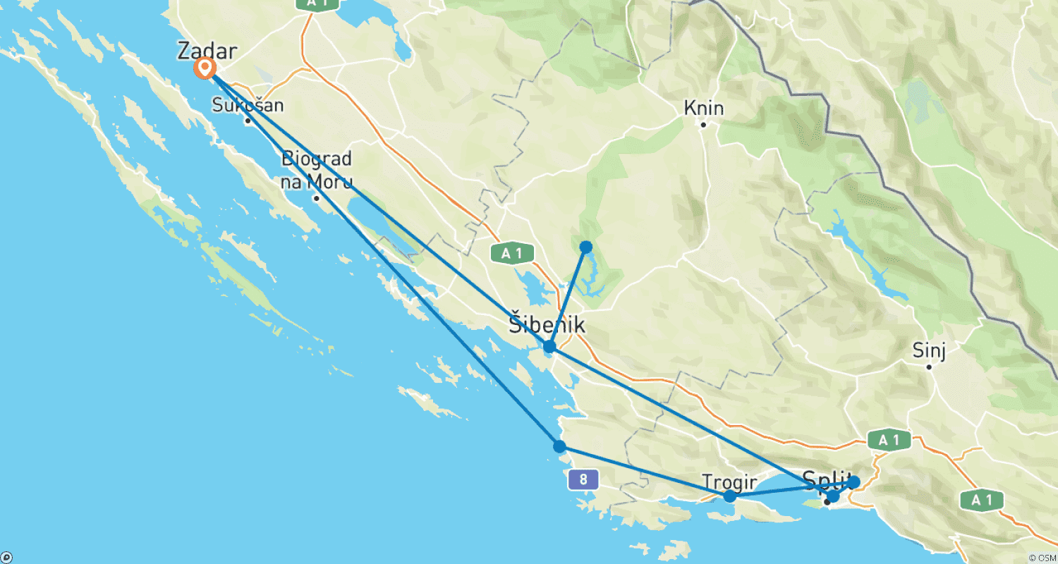 Mapa trasy: Z Zadaru: 5-dniowa wycieczka po Centralnej Dalmacji. Wymarzone adriatyckie miejsca na wybrzeżu! Odwiedź Szybenik, Split, Trogir i wiele więcej! Miejsca UNESCO. Starożytne miasta otoczone murami. Mnóstwo historii, weneckiej architektury i malowniczych widoków. Tętniące życiem nabrzeża. Wyśmienita kuchnia!