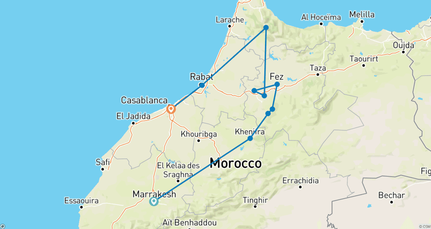 Mapa do percurso de 7 Days Tour From Marrakech to Casablanca (Private)