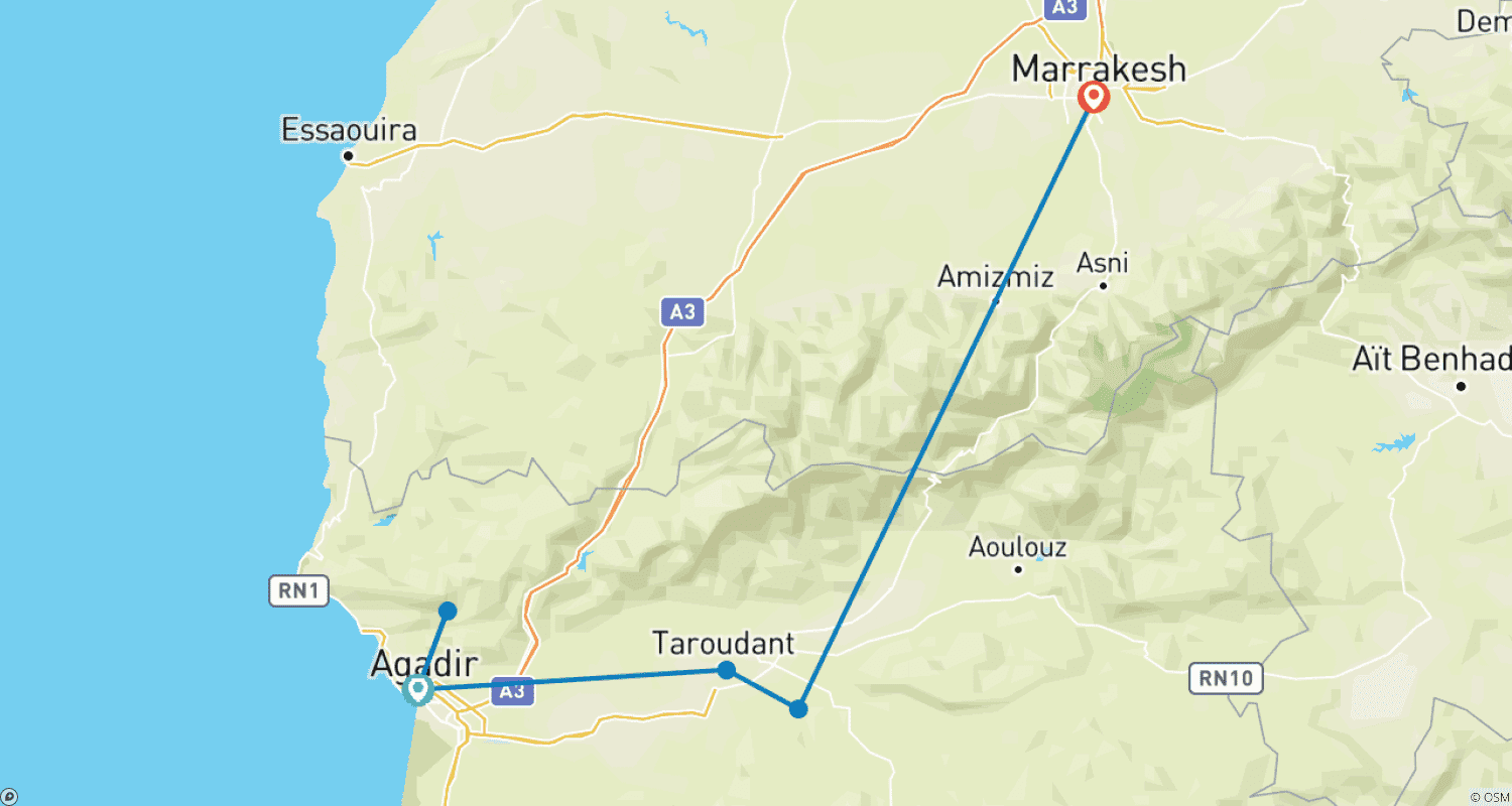 Mapa trasy: Rodzinna Przygoda w Maroku: Agadir, Przedgórze Atlasu i Przeżycia w Marrakeszu | 7 Dni