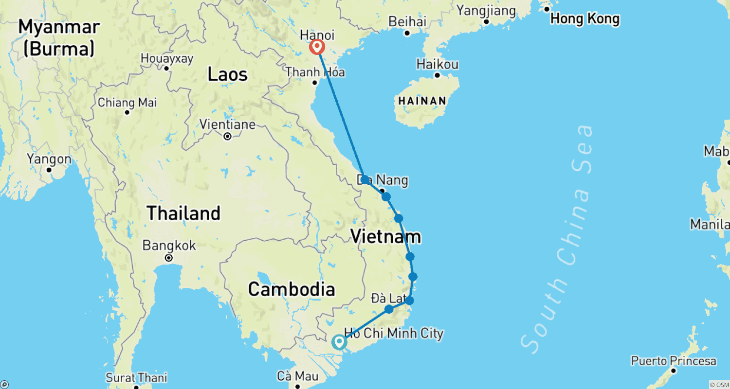 Mapa trasy: Wycieczka rowerowa po Wietnamie Saigon - Hanoi - e-bike