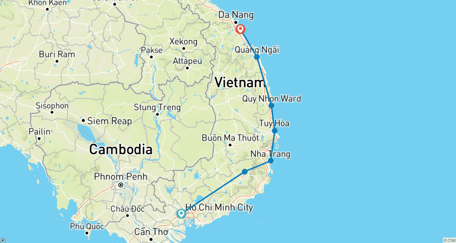 Mapa trasy: Wybrzeże Centralnego Wietnamu: Sajgon do Hoi An – Wycieczka rowerowa – Rower elektryczny