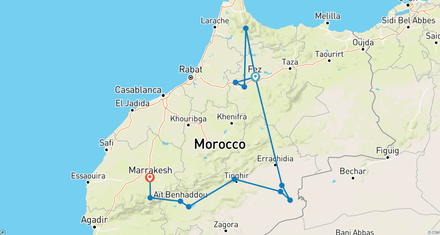 Mapa trasy: 8-dniowa Luksusowa Wycieczka po Cesarskich Miastach Maroka i Pustyni Sahara: Fez, Chefchaouen, Ait Ben Haddou i Marrakesz