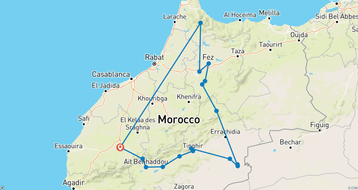 خريطة مسار Marrakech to Ait Benhaddou - Merzouga Desert - Chefchaouen & Fes in 6 Days Private tour