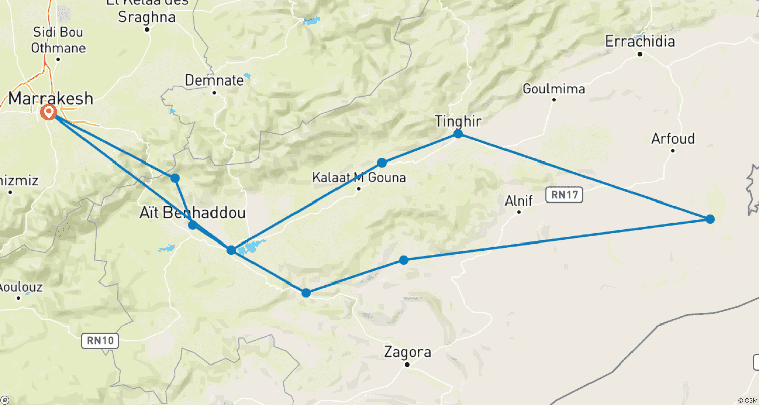Mapa trasy: Pustynna przygoda z Marrakeszu do Merzougi w 4 dni – prywatna wycieczka