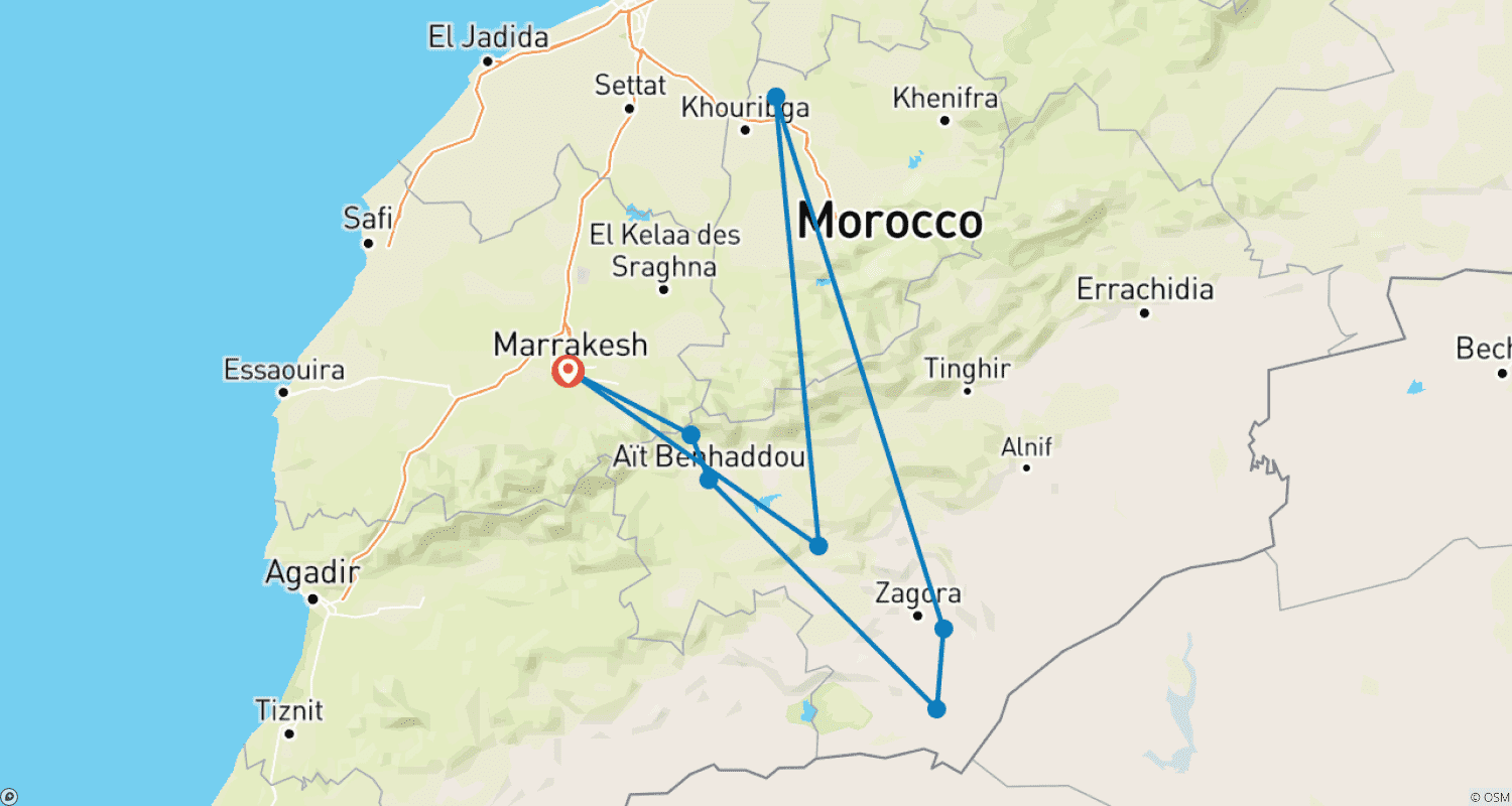 砂漠の冒険:MarrakechからErg Lihoudi Desert Campへ2日間プライベートツアーのルートマップ