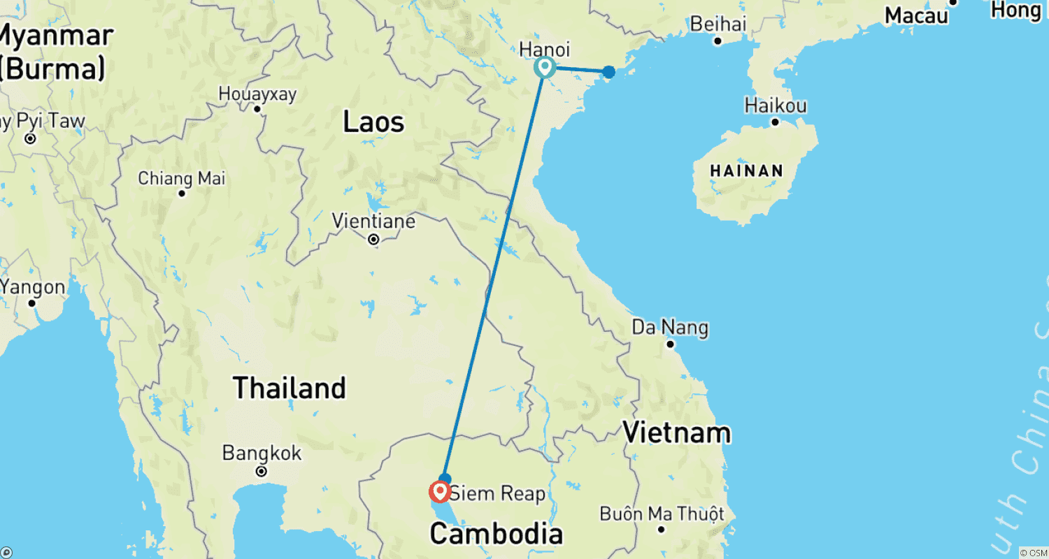 Mapa do percurso de Destaque do Norte do Vietnã e Siem Reap